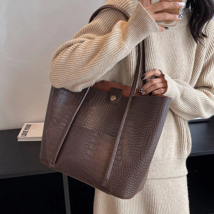 Bethany | Vintage crocodile-embossed brown leather shoulder bag