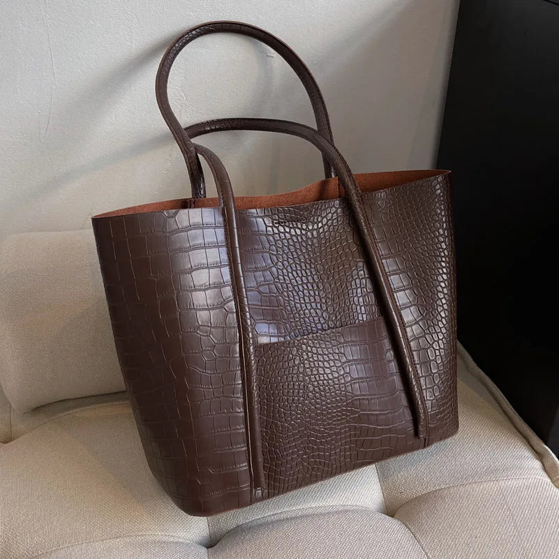 Bethany | Vintage crocodile-embossed brown leather shoulder bag